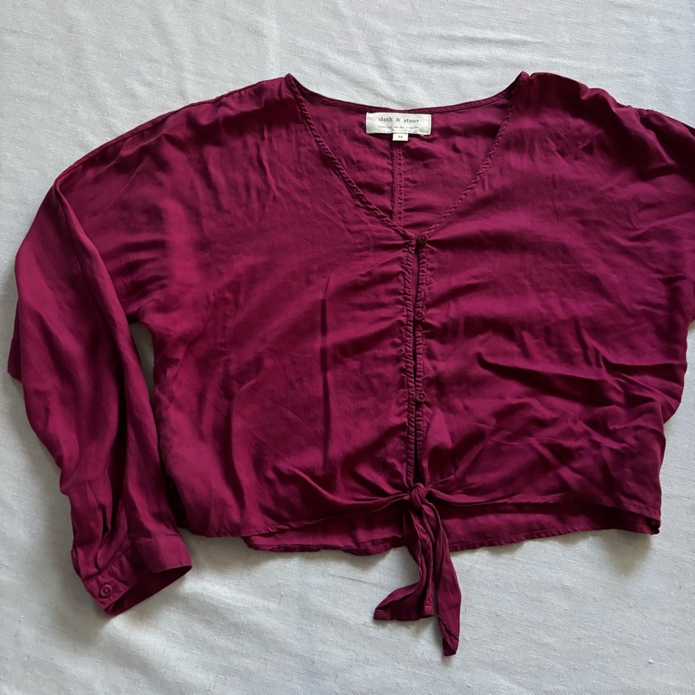 Anthropologie Cloth & Stone Burgundy Button Tie Front Top M Boho